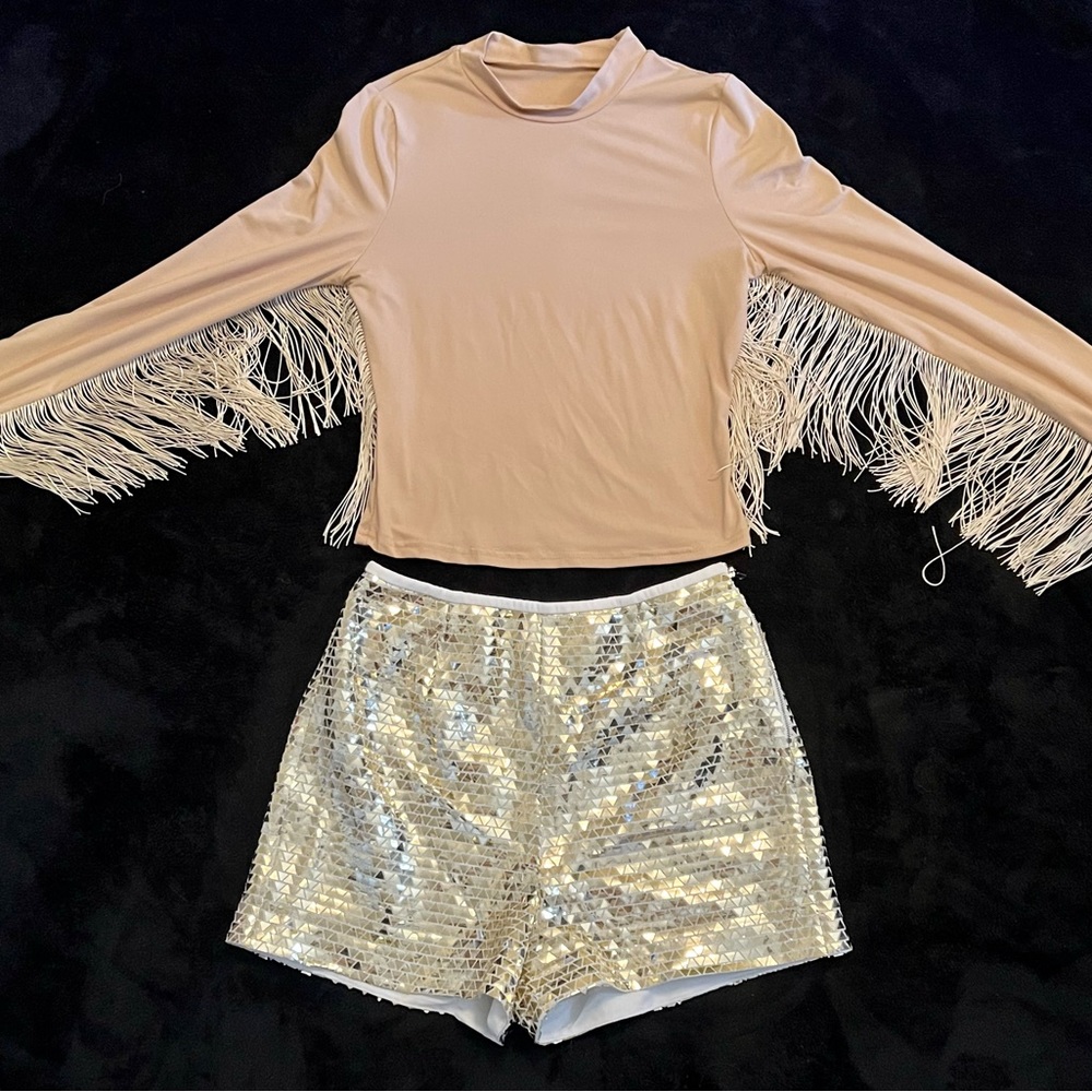 Beige fringe crop blouse